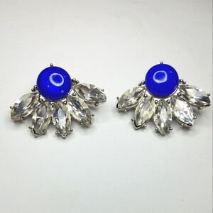 Blue & Icy Clear Marquis Cut Rhinestone Cabochon Cluster Fan Earrings